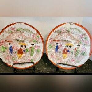 Antique Pair of Handpainted Japanese Kutani Geisha 6" Plates Circa 1900